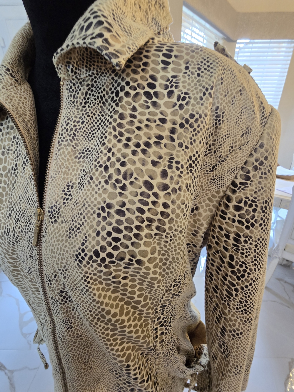 Beige Snake-Print Leather Zip Jacket